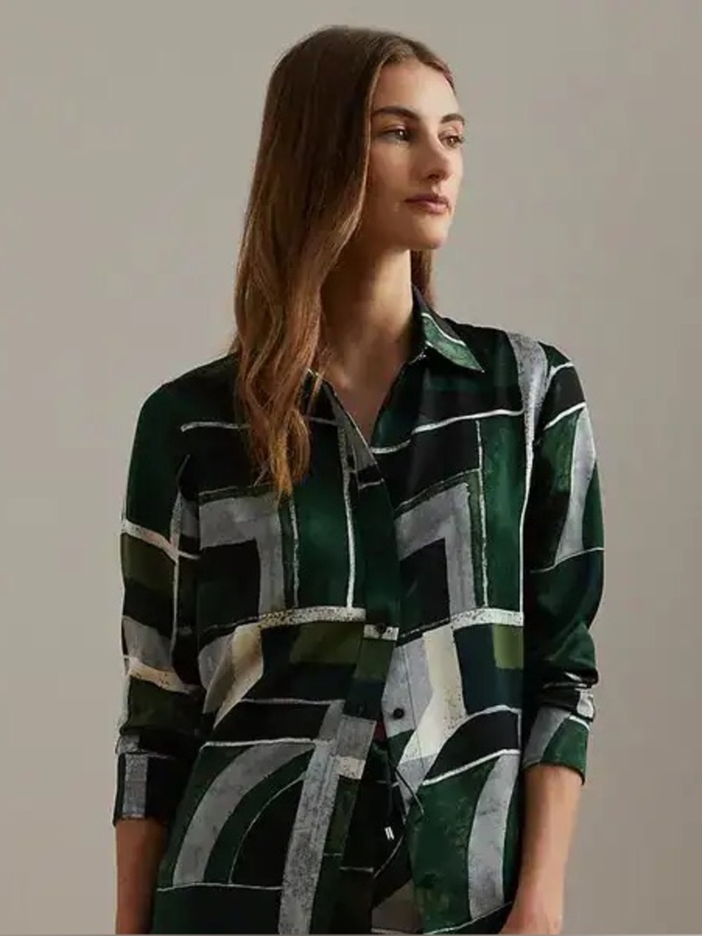 Ralph Lauren Satin Geometric Print Shirt Green Black White Colorblock XL